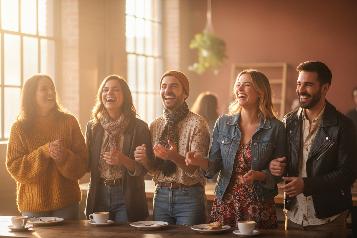 A group of diverse, stylish friends laughing together in a sunlit urban cafe, blurred background, warm golden hour lighting, sense of joy and connection, modern casual fashion, candid moment, vibrant but soft colors, lifestyle photography.